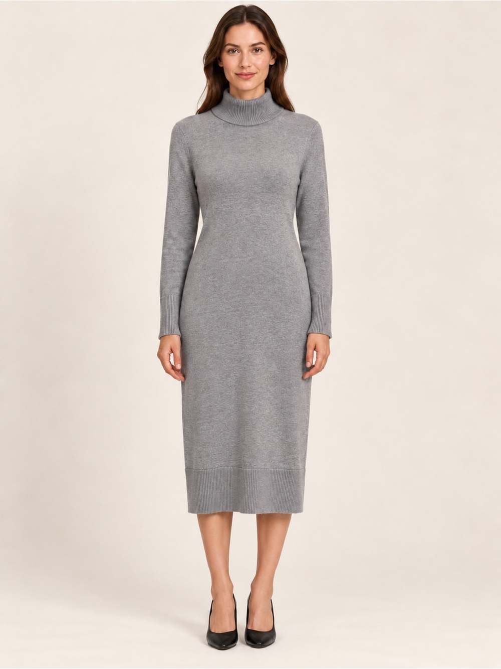 Classic 🔥 Gray Turtleneck Midi Knit Dress - Long Sleeve